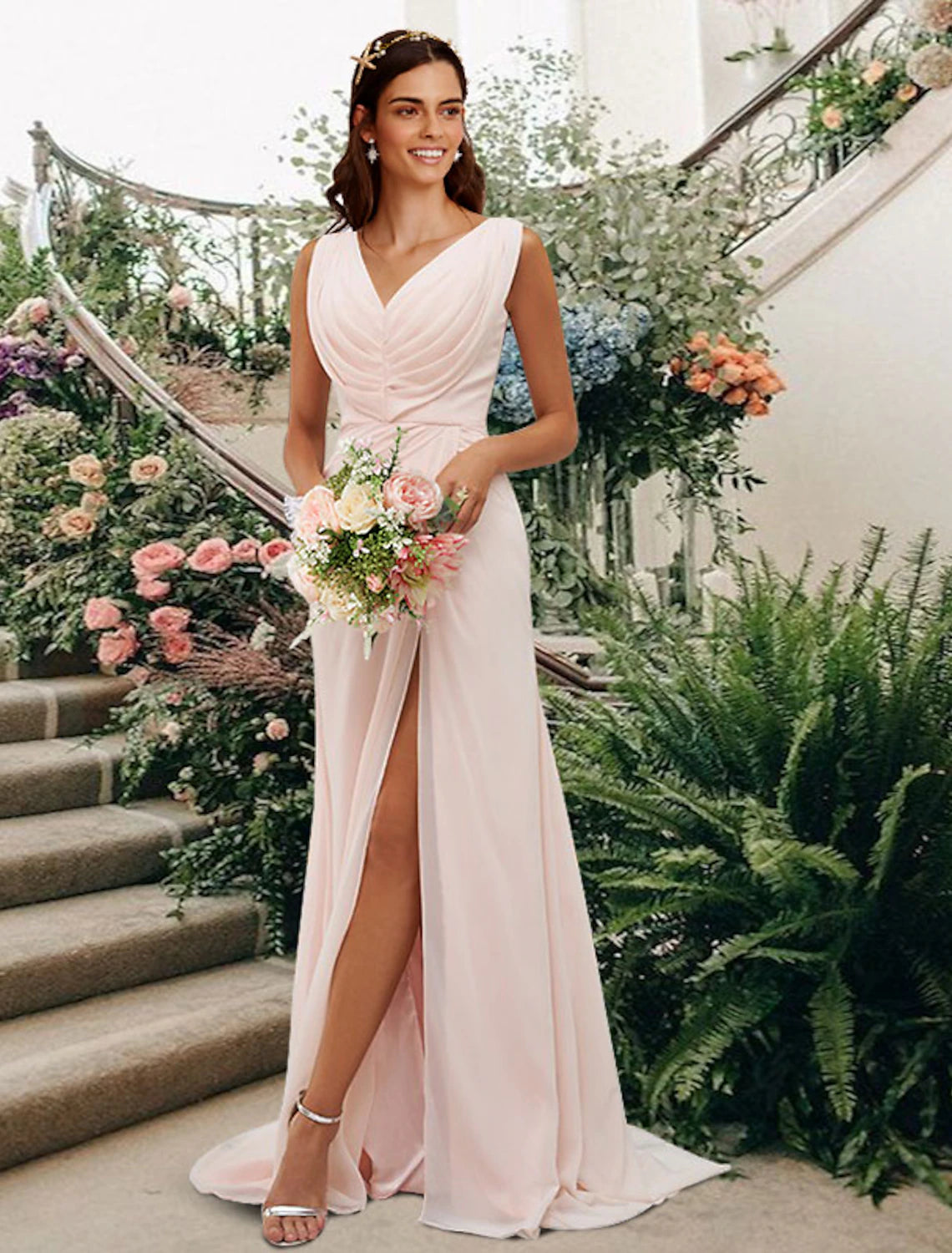 Wholesale A-Line Bridesmaid Dress V Neck Sleeveless Elegant Floor Length Chiffon with Split Front / Ruching